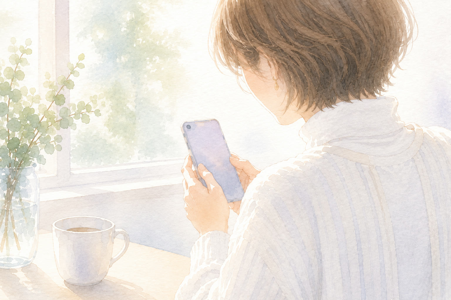 窓辺でスマートフォンを使う女性のイラスト