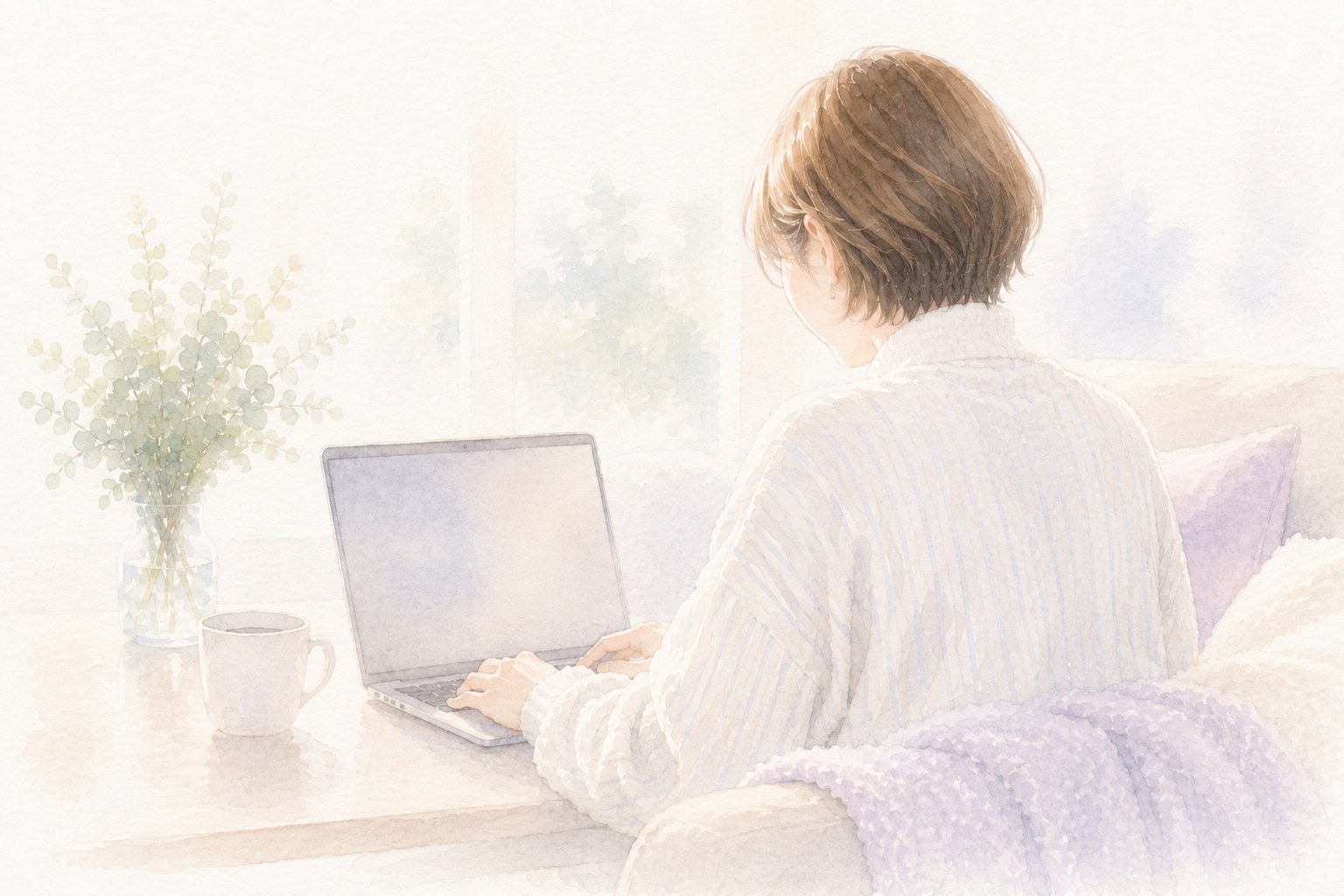 自宅でくつろぎながらノートパソコンで話す女性のイラスト